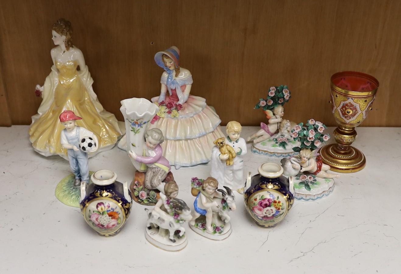 A selection of various miniature ceramics and figurines, to include Royal Crown Derby two handled vases with central panelled section display of flower, together with Royal Doulton figures, tallest 19cm